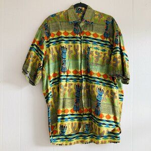 Vintage Hawaiian Shirt Tiki Gods Totem Print Tropical Camp Men’s  52” Chest